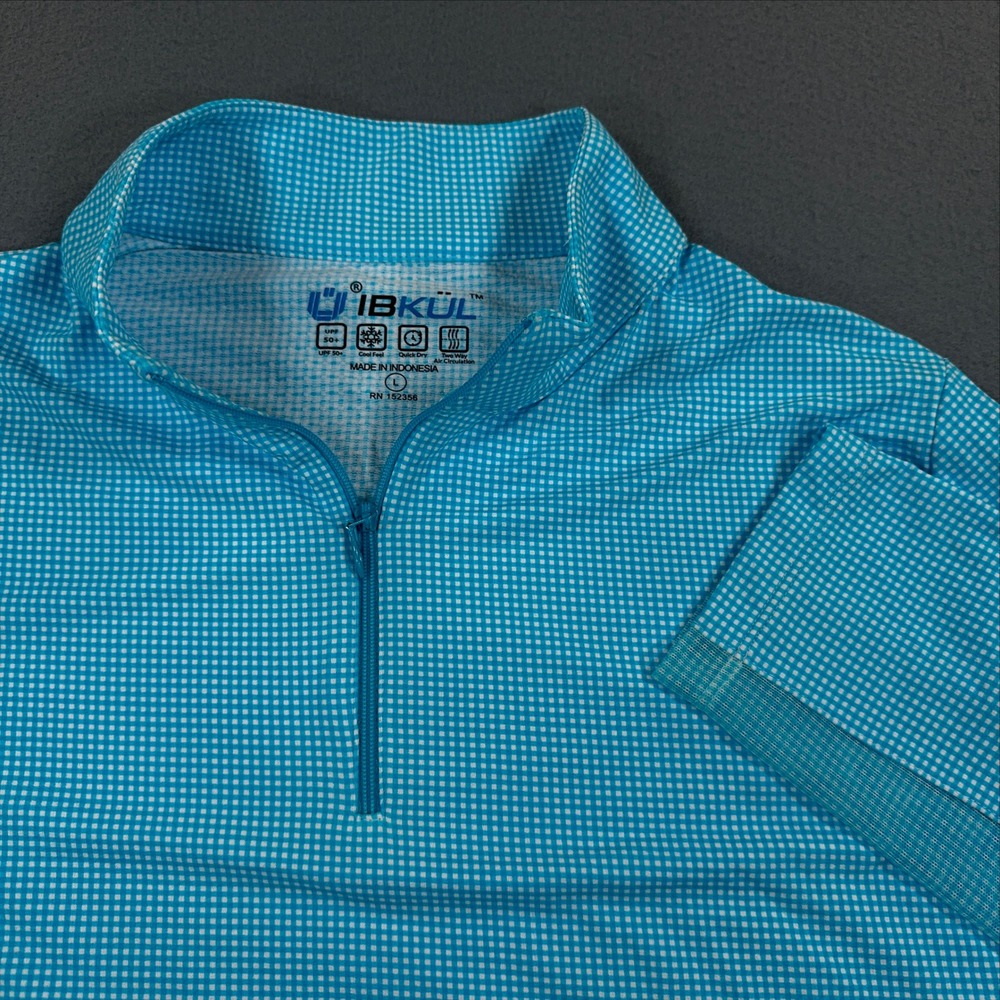 IBKUL Womens Blue Gingham UPF 50+ Quarter Zip Long Sleeve Sun Shirt Large